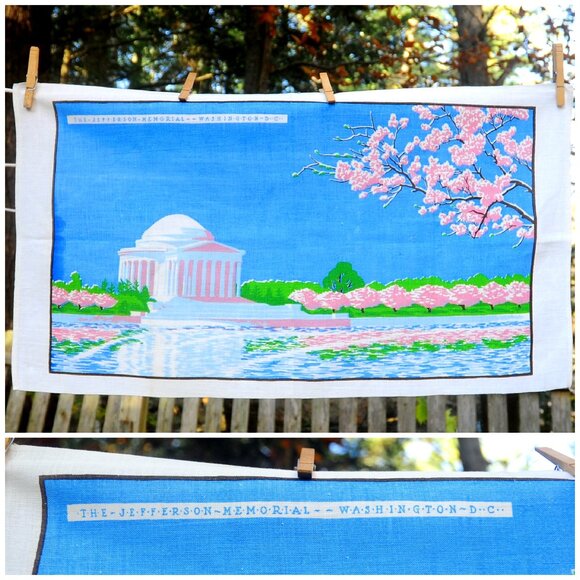 VTG Jefferson Memorial Washington DC Cotton Tea Towel Cherry Blossoms Blue Sky - Picture 1 of 8